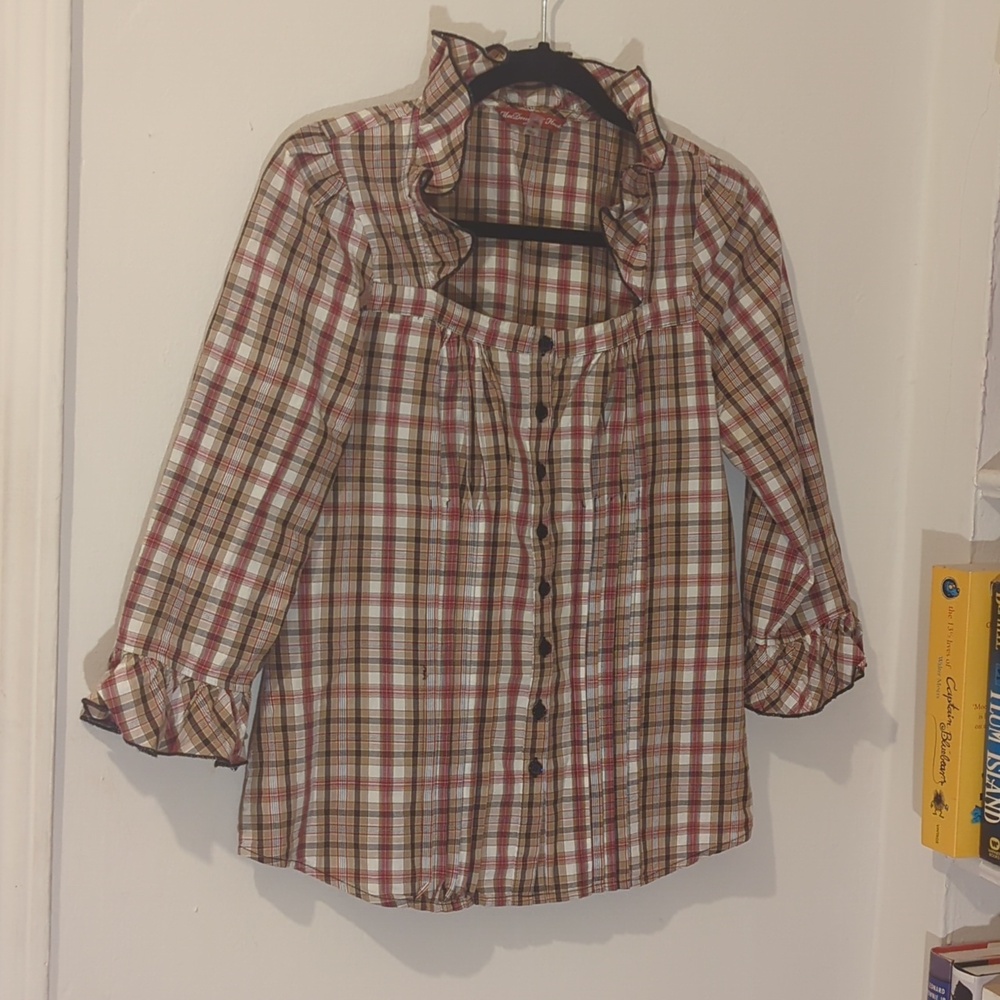 Mac Duggal Plaid Ruffle-Trim Button-Front Blouse in Cream, Red and Brown Size S